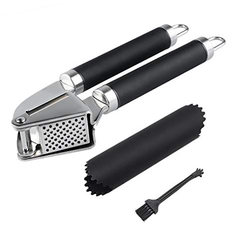 Mayetori Garlic Press and Peeler, Stainless Steel Garlic Mincer Crusher with Silicone Tube Roller