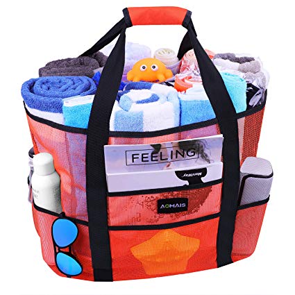 Durable Mesh Beach Bags and Large Toy Totes Bag with Strap Orange