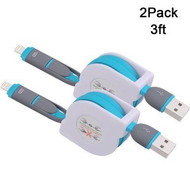 Sundix (TM) 2Pack 3FT Retractable Lightning to Micro USB Charging and Sync 2-in-1 Cable for iPhone, iPad, iPod Touch/Nano, Android, Samsung /HTC/blackberry/ Motorola/Sony & more (Blue)