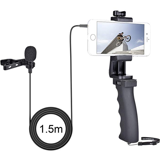 Smartphone Video Recording Stabilizer Kit, Clip-on Lavalier Microphone Laple Mic   Phone Hand Grip Holder Rig Compatible for iPhone Samsung Youtube Livestream Vlog Interview -3.5mm Jack/ 1.5m Cord