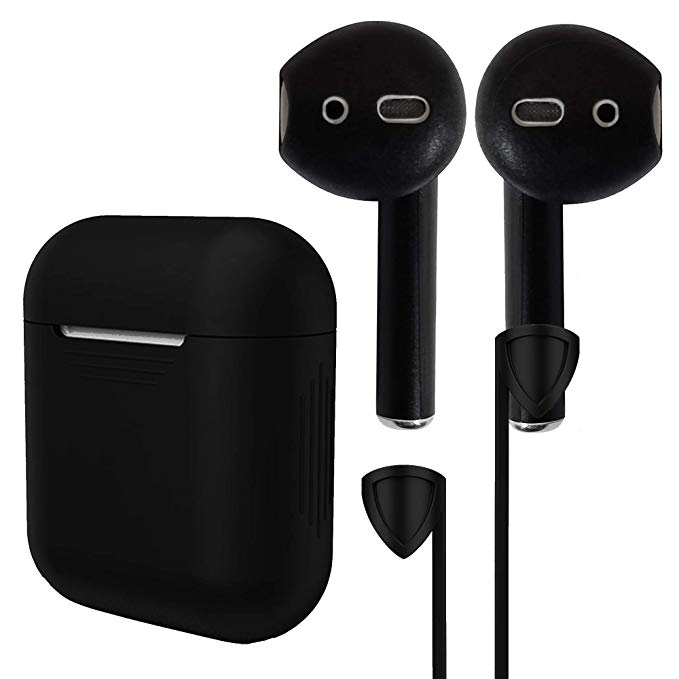 Accessory Kit for Airpods: 4 Piece Matched Black Set- Silicone Case, Earpads, Skins, Strap