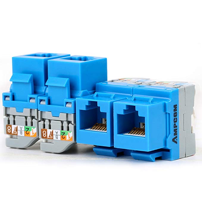 AMPCOM 10-Pack CAT5e RJ45 Tool-Less Keystone Jack, No Punch Down Tool Required UTP Module Connector Blue