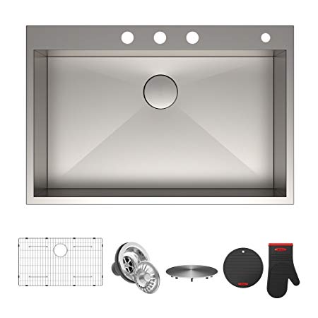 KRAUS Pax Zero-Radius 33” x 22” Single Bowl Stainless Steel Drop-In Kitchen Sink with 4 Pre-Drilled Holes