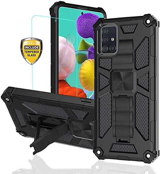 for Samsung Galaxy A51 Case with Screen Protector A51 Phone case Heavy Duty Dual Layer Silicone TPU Hard Shell Military Grade Full-Body Rugged Case with Magnetic Car Built-in Kickstand (Black)