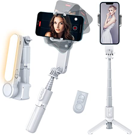 YENDILI Gimbal Stabilizer for Smartphone, Portable Selfie Stick Tripod with Remote 1-Axis Bluetooth Selfie Stick with Light for iPhone Android Phone Holder Gimbal with Auto Rotate Balance, White