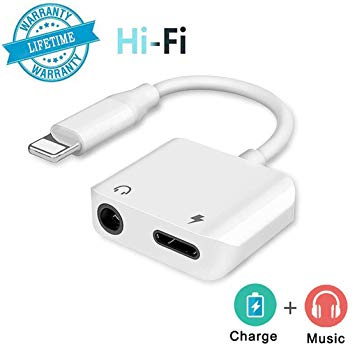 Headphone Adapter for iPhone 8 Adapter for iPhone 7 Dongle 3.5mm Jack Aux Audio Adaptor for iPhone 7/7 Plus/8/8 Plus/X/Xs for 2 in 1 Music & Charge Accessories Adaptor Compatible All iOS-White