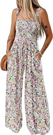 Dokotoo Women's Casual Overalls Jumpsuits One Piece Sleeveless Printed Smocked Wide Leg Long Pant Rompers With Pockets