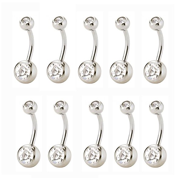 CrazyPiercing 10PCs 316L Surgical Grade Steel Rhinestone Belly Button Navel Ring Bar 23x8mm