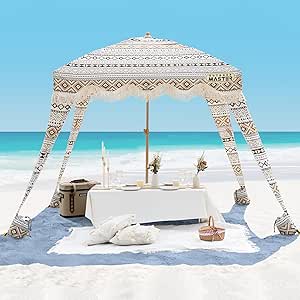 OutdoorMaster Beach Cabana with Fringe, Portable 6' x 6' Beach Canopy, Easy Set Up Beach Shelter, Included Side Wall, UPF 50  UV Protection Sun Umbrella - for Kids, Family & Friends -Retro Brown