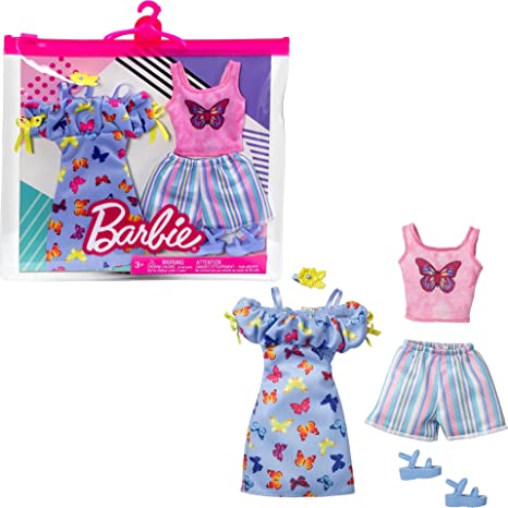 Barbie Fashions 2-Pack Clothing Set, 2 Outfits Doll Includes Off-The-Shoulder Butterfly Print Dress, Butterfly Tank & Blue Shorts & 2 Accessories, Gift for Kids 3 to 8 Years Old