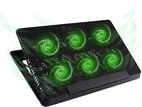 MoKo Laptop Cooler, Notebook Cooling Pad Adjustable Speed Cooler Silent Gaming Laptop Radiator with Adjustable Stand, 6 Fans, Green LED Lights, Dual USB Ports for 12-15.6 Inch Laptop - Black