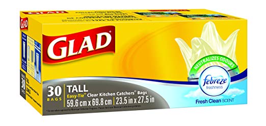 Glad Clear Garbage Bags - Tall 42.5 Litres - Easy-Tie Handles, with Febreze Freshness, 30 Trash Bags