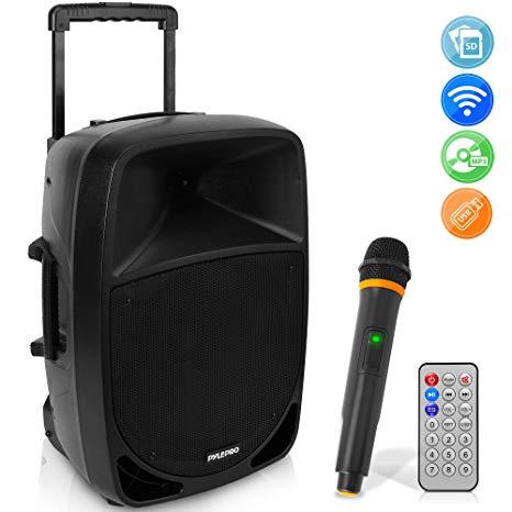 1200W Portable Bluetooth PA Speaker - 12’’ Subwoofer, LED Battery Indicator Lights W/Built-in Rechargeable Battery, MP3/USB/SD Card Reader, and UHF Wireless Microphone - Pyle PSBT125A