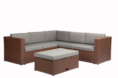 Baner Garden (K35-BR) 4  Pieces Outdoor Furniture Complete Patio Cushion Wicker Rattan Garden Corner Sofa Couch Set, Full, Brown