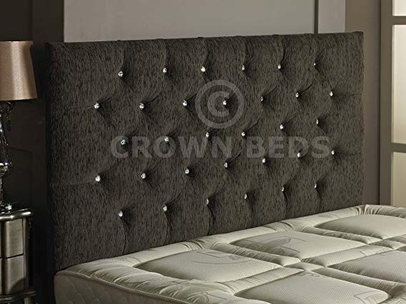 CROWNBEDSUK CHESTERFIELD DIAMANTE BUTTON HEADBOARD IN 2ft6,3ft,4ft,4ft6,5ft,6ft CHARCOAL, 2FT6 (SMALL SINGLE) DIAMANTE