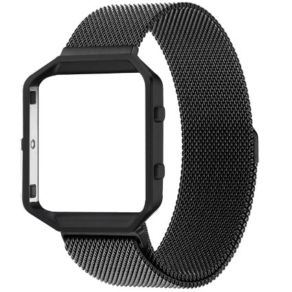 Pomarks Fitbit Blaze Band with Metal Frame, Premium Milanese Loop Accessories Large Band (6.1"-9.3" Wrist) with Alloy Frame, Stainless Steel Replacement Bracelet Strap for Women/Men - Black