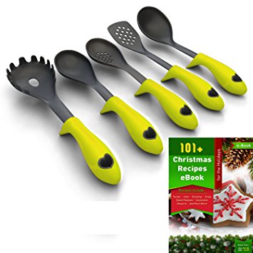 Kitchen Cooking Utensils with Built-in Stand, College Starter Set, Green, Set of 5, Recipe Ebook
