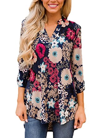 Dokotoo Women Casual Split V Neck Cuffed Sleeve Floral Print Blouses Tops (9 Floral Pattern)