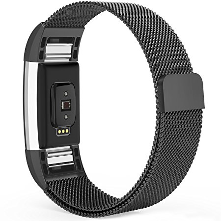 Fitbit Charge 2 Bands, Xinkeji Milanese Loop Stainless Steel Metal Replacement Bracelet Strap, Wristbands Accessories for Charge 2 with Unique Magnetic Lock, Small Large, Silver Black Gold