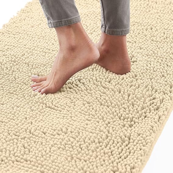 Gorilla Grip Bath Rug, 36x24, Thick Soft Absorbent Chenille Rubber Backing Bathroom Rugs, Microfiber Dries Quickly, Shaggy Machine Washable Mats, Plush Durable Rug, Bathtub and Shower Floor, Sand