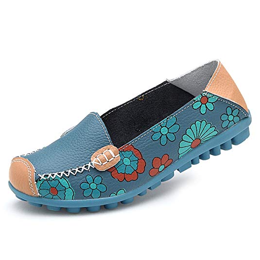 STAINLIZARD Women's Casual Slip-On Flats Floral Moccasin Gommino Driving Genuine Leather Loafer Footwear Shoes
