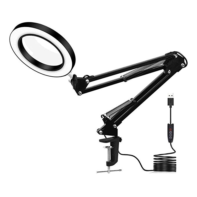 Goglor LED Magnifying Lamp, 3 Color Modes 10 Levels of Brightness 5X Magnifier Desk Lamp with Adjustable Swivel Arm, USB Magnifying Lamp for Reading, Office, Work