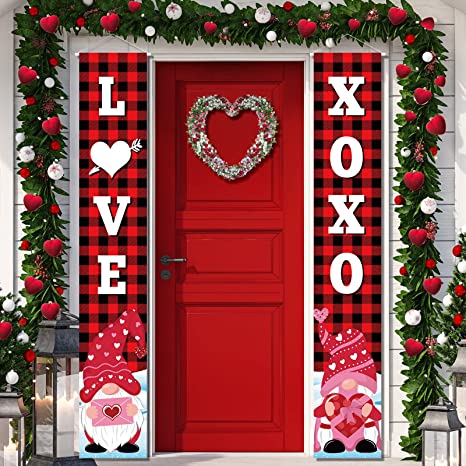 2 Pieces Valentine's Day Hanging Banners Valentine Porch Sign Valentines Day Decorations for Home Indoor Outdoor Welcome Porch Wall Holiday (Plaid Style)