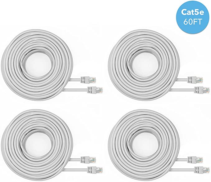 Amcrest Cat5e Cable 60ft Ethernet Cable Internet High Speed Network Cable for POE Security Cameras, Smart TV, PS4, Xbox One, Router, Laptop, Computer, Home, 4-Pack (4PACK-CAT5ECABLE60)