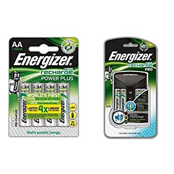 Energizer Pro Charger with Energizer Recharge Power Plus 4 Pack Rechargeable AA Batteries Bundle