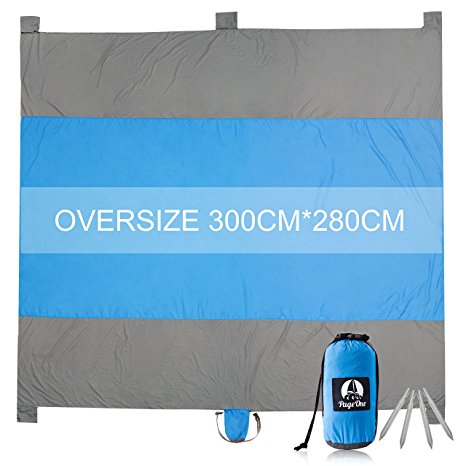 Sand Free Beach Blanket,100% 400T Gird Ripstop Nylon Outdoor Waterproof Picnic Blanket,Oversized 10'X 9' For 7 Adults,Compact-Quick Drying-Lightweight-Durable ,Includes 4 Metal Pegs& 6 Pockets