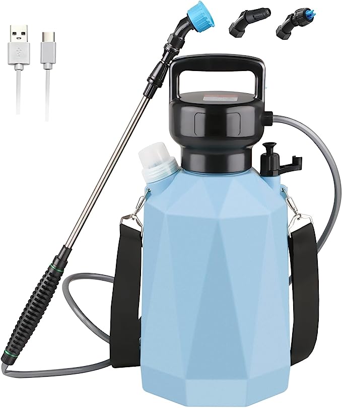 Electric Plant Sprayer 1.35Gallon/5L, Electric Garden Sprayer with USB Rechargeable Handle, Weed Sprayer with 3 Mist Nozzles, Telescopic Wand, and Shoulder Strap for Lawn and Garden(Blue)