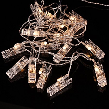 Battery Powered 10 Feet LED Photo Clip String Lights Transparent Cable with 20 LED Fairy Lights Inside Clear Clips (Warm White)