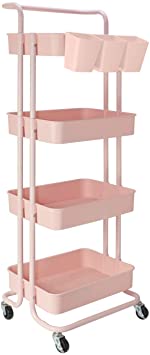 4 Tier Cart Rolling Utility Organizer Trolley Storage Shelf Rack with Lockable Wheels and Handles for Living Room Kitchen Office (4 Tier-Pink)