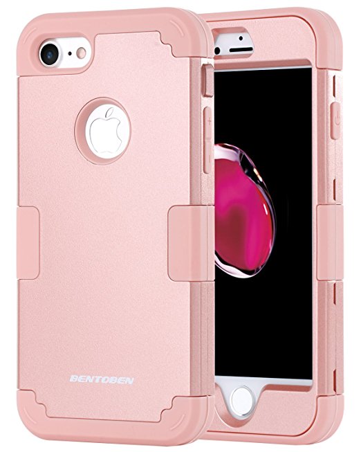 iPhone 7 Case, BENTOBEN Three Layer Hybrid Soft Silicone and PC Hard Case Shockproof Heavy Duty Rugged Bumper Case Full Body Protective Case Cover for iPhone 7 2016(4.7 inch), Rose Gold