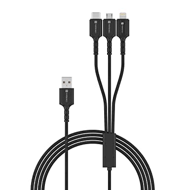 Portronics Konnect A Trio 3-in-1 Multifunctional Cable 3.0 A 1.5 m for Micro USB for iOS and Type C Mobile Phones (Black)