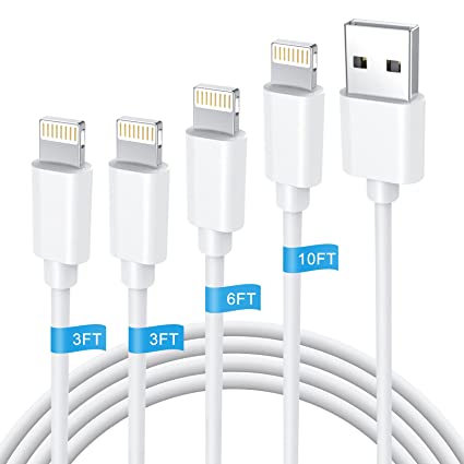 iPhone Charger, 4 Pack 3FT 3FT 6FT 10FT Lightning to USB Cable iPhone Charging Syncing Cord Compatible with iPhone 13 12 11 XS Max XR X 8 7 6s Plus, ipad Mini/Air - White