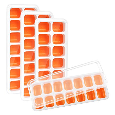 Kootek 4 Pack Silicone Ice Cube Trays with Lid, 14-Ice Trays BPA Free Ice Cube Molds Easy Release Flexible FDA Approved Trays for Chill Drinks Whiskey Cocktail, Dishwasher Safe and Stackable Durable