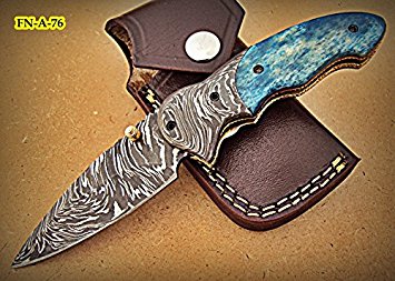 FN-A-76, Custom Handmade Damascus Steel 7.2 Inches Folding Knife - Beautiful Colored Bone Handle with Damascus Steel Bolsters