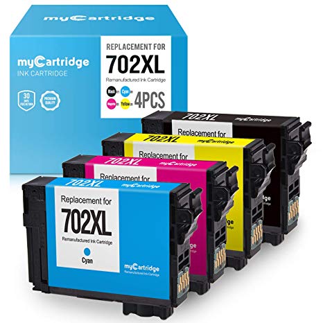 myCartridge Re-Manufactured Ink Cartridge Replacement for Epson 702XL 702 XL T702XL T702 (Black Cyan Magenta Yellow, 4-Pack)