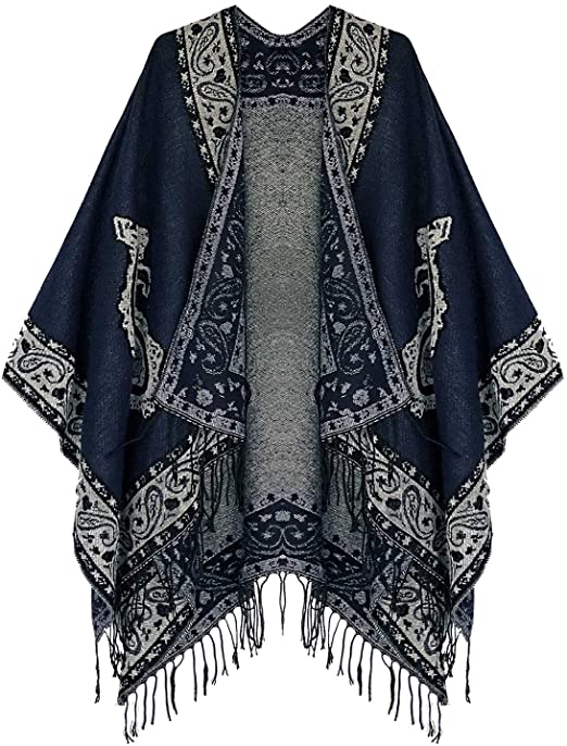 Women's Retro Style Vintage Pattern Tassel Poncho Shawl Cape Wraps For Women