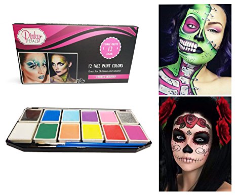 Face Paint Kit for Kids and Adults - 12 Colors XL Set with 1 Glitter and 1 UV Glow Color - 2 Brushes Included, Safe Water-Based Non-Toxic by Pinky Petals
