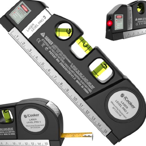 iCooker Laser Level FREE Batteries Included with 8 Ft Measuring Tape Ruler - Best Professional Craftsman Self Leveling Laser leveler For Multipurpose Black
