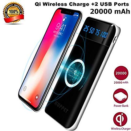 Wireless Charger Power Bank,KUPPET 20000mAh External Battery Charging Pack Portable Charger Battery Pack Portable Charger for iPhone X,iPhone 8,Samsung Galaxy S9/8/7 Note 8