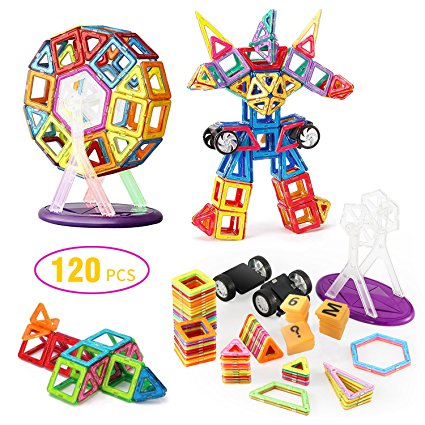 Magnetic Building Blocks with Wheels 120 Pcs, Glonova Magnet Tiles Toys for Kids, Upgrade Quality Instruction Booklet and Storage Bag Included