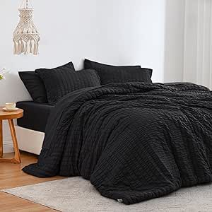 Love's cabin Seersucker Black Queen Comforter Set 7 Pieces, All Season Lightweight Bedding Set, Queen Bed in a Bag Comforter Set with Comforter, Flat Sheet, Fitted Sheet, Pillowcase and Pillow Sham