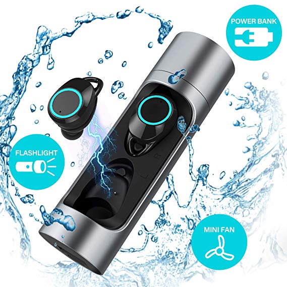 True Wireless Earbuds, TIAMAT Force Sports Wireless Bluetooth Headphones, Bluetooth 5.0 IPX6 7 Waterproof Power Bank Portable Fan USB Flashlight Long Lasting Earbuds  for Samsung, Android Smartphone More
