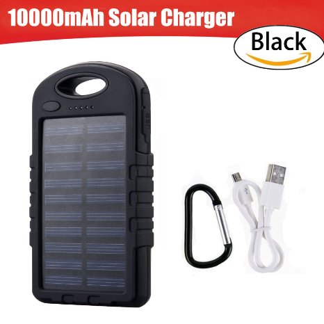 Solar Charger 10000mAh Portable SolarPowerBankCharger with Flashlight Waterproof Shockproof Dual USB Port Solar Battery Charger for Cell Phone iPhone 6 6s Plus Samsung S5 S6 S7 Note 4 5Black