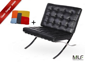 MLF Knoll Barcelona Chair (5 Colors). Superior Craftsmanship. Premium Aniline Leather, High Density Foam Cushions & Seamless Visible Corners. Polished Stainless Steel Frame Riveted with Cowhide Saddle Straps, Resistance to Chipping, Corrosion & Rust.(Black)
