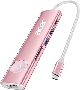 Acer USB C Hub, 7 in 1 USB C to HDMI Adapter, 4K@60Hz HDMI, 2 USB 3.1 and Type-C Data Port, 100W PD, SD Card Reader, Screen On/Off Button for MacBook Pro/air, iPad Pro/air, Switch and More (Pink)