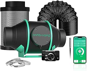 MARS HYDRO 4 Zoll Smart Inline Fan Kit, mit variablem Geschwindigkeitsregler, Temperatur- und Luftfeuchtigkeitssensor - Belüftungssystem für Grow-Zelt, Hydrokulturen